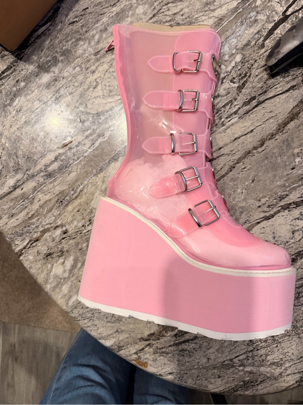 Demonia Pink Clear PVC Platform Buckle Boot